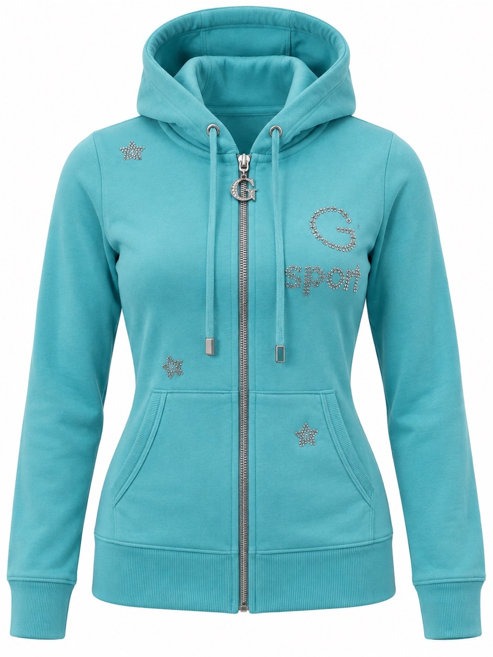 Le Grenier Turquoise Rhinestone Zip Up Hoodie Y2K M